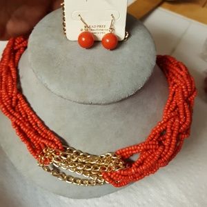 Neu coral colored necklace and earing set